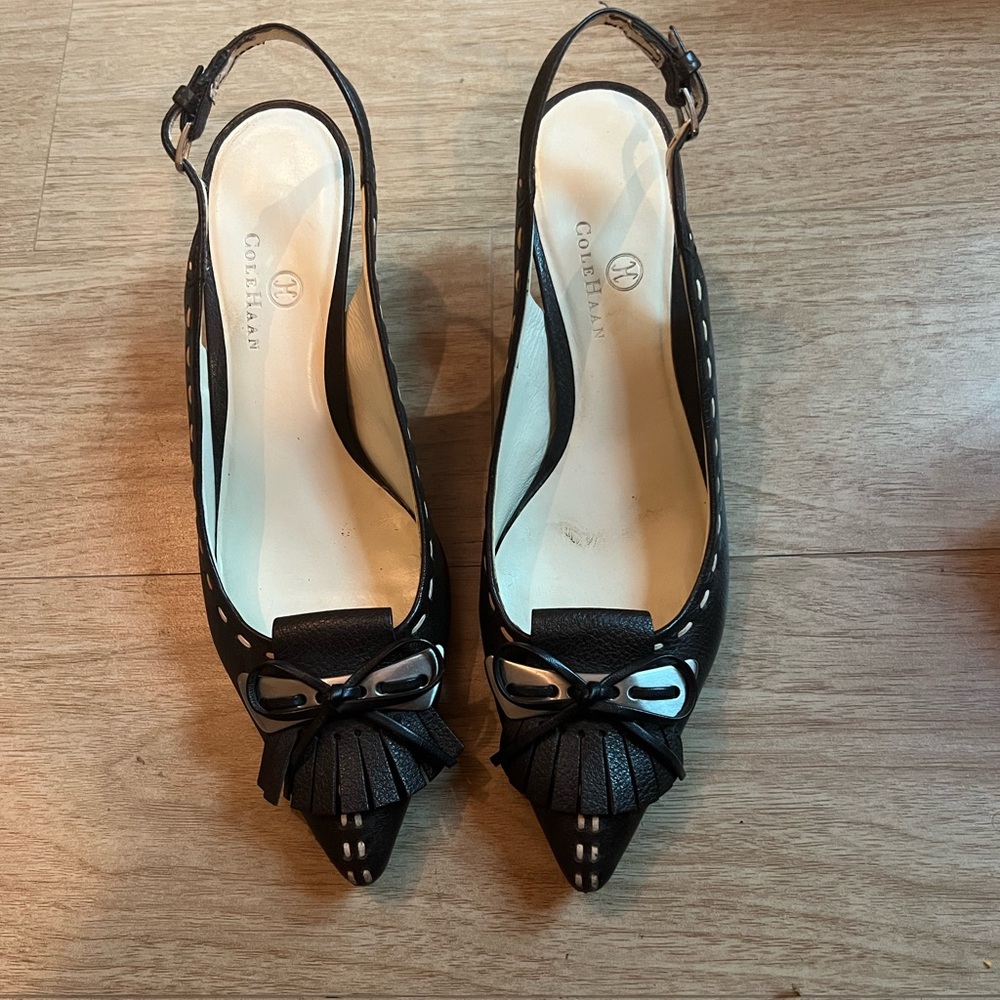 Cole Haan dark brown slingback heels with cream stitching size 8 1/2
